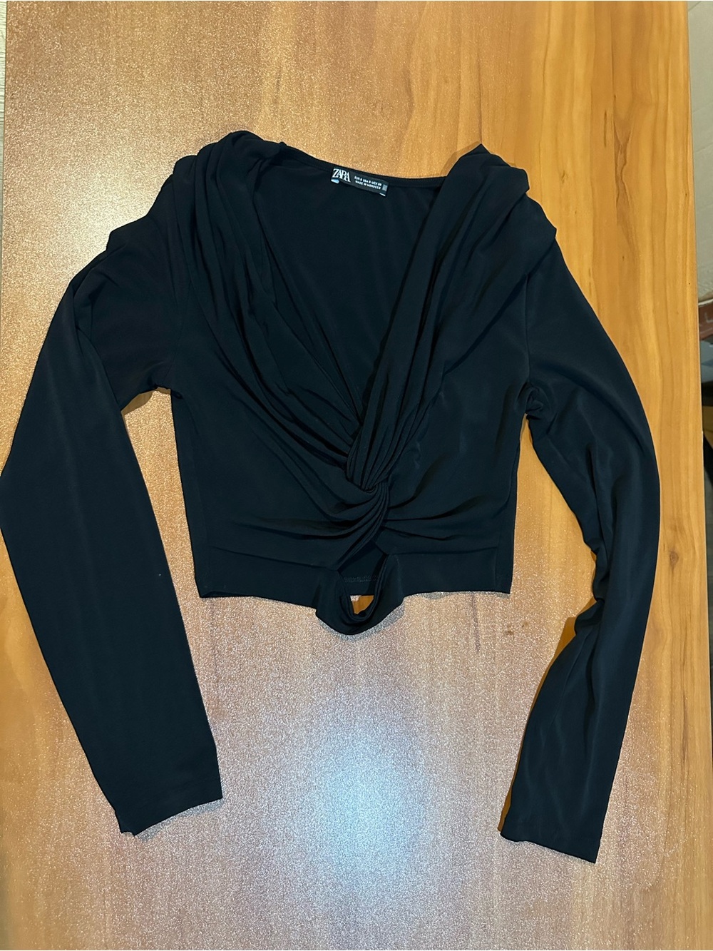 ZARA Black Knot Front Drape Top Size S Long Sleeve V-Neck Cropped‎ Blouse Small